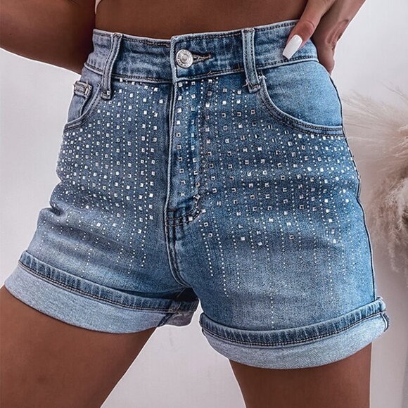 B237 Ashleigh Blue Rhinestone Embellished Denim Shorts - Picture 1 of 13